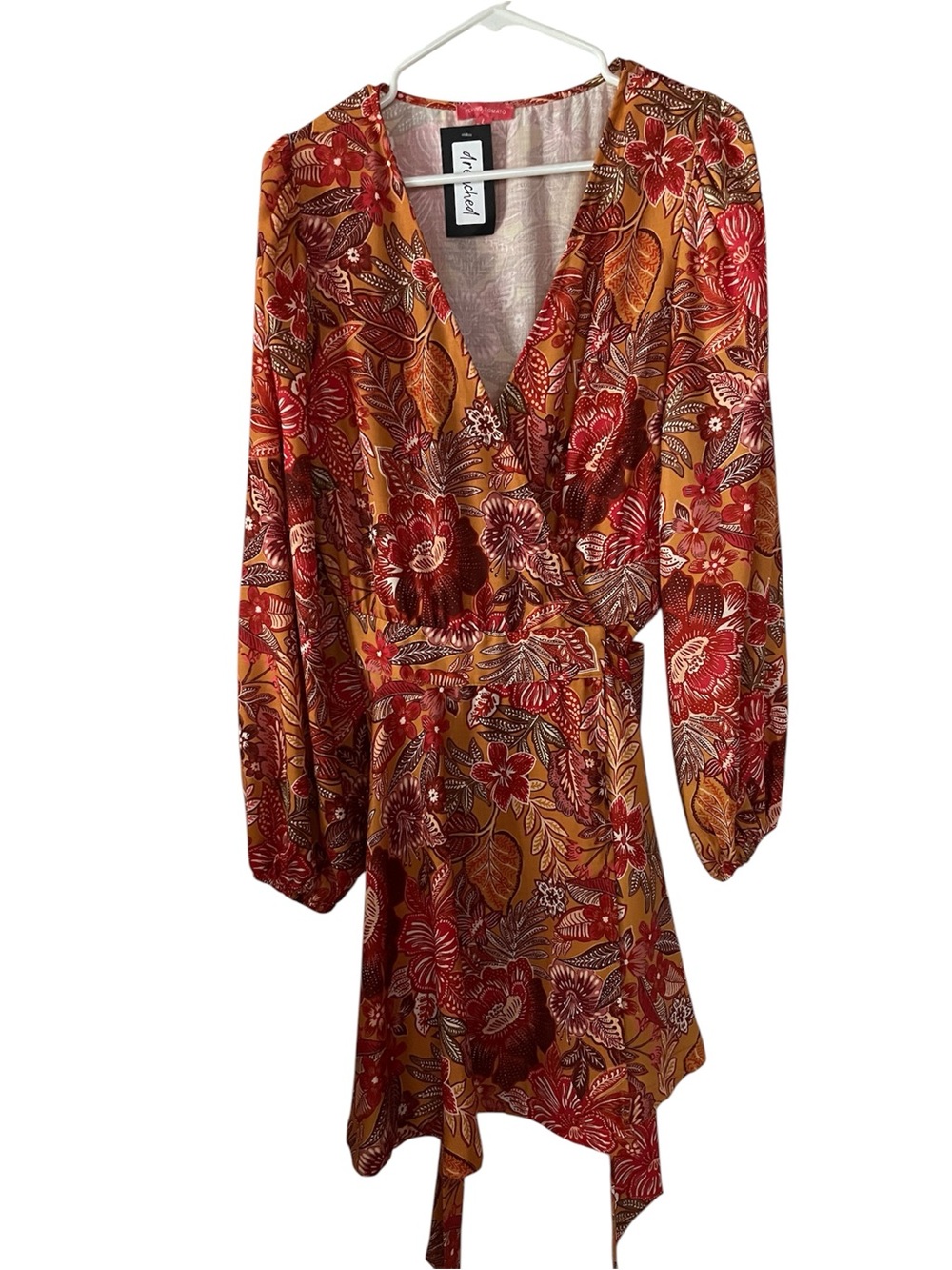NWT Flying Tomato SzL Leah Mini Dress - Floral Wrap Dress, Hot Pink & Mustard
